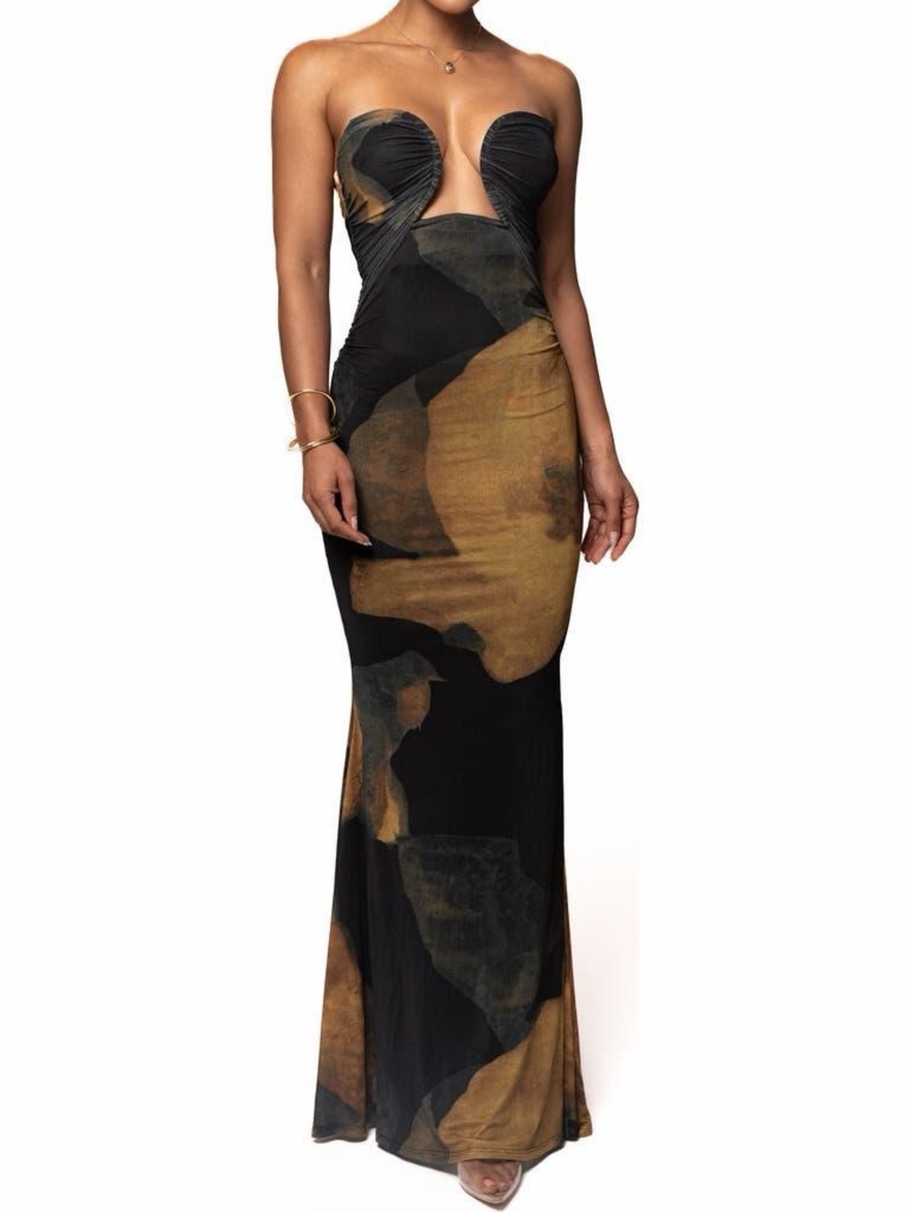 Strapless Cutout Maxi Dress in Black and Brown